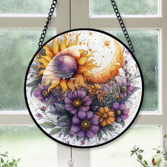 Customized Sunflower Stained Glass, Sunflower Glass Panel Sun Catchers Pretty Gifts, Sunflower Decoration for Home Garden Christmas Party Wedding gEegEF (Sun Moon and Sunflower 16)