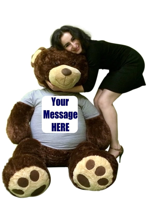 Customized T-shirt on Big Plush 5 Foot Brown Teddy Bear, Shirt is Custom Imprinted with Your Text