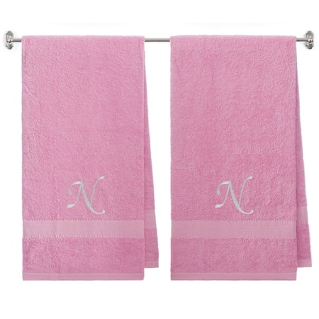 Customized Terry Cotton Bath Towel for Bath, Shower - 27 x 54 inches - 2-Pack - Pink Color Towel - Silver Script Initial B