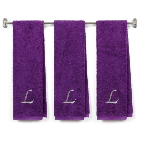 Customized Terry Cotton Gym Fitness Towel for Men, Women, Girls, Boys - Personalized Gift - Purple Color Towel - Silver Script initial L