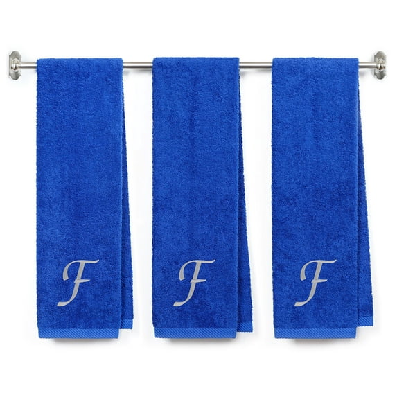 Customized Terry Cotton Gym Fitness Towel for Men, Women, Girls, Boys - Personalized Gift - Royal Color Gym Towel - Silver Script initial F
