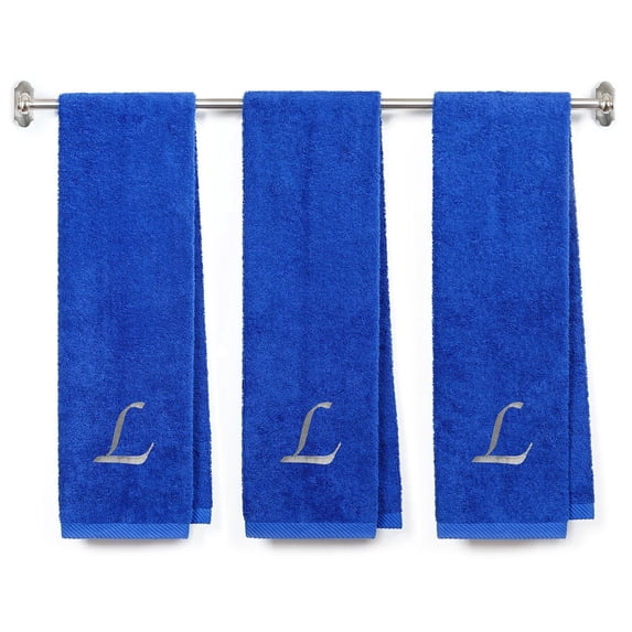 Customized Terry Cotton Gym Fitness Towel for Men, Women, Girls, Boys - Personalized Gift - Royal Color Gym Towel - Silver Script initial L