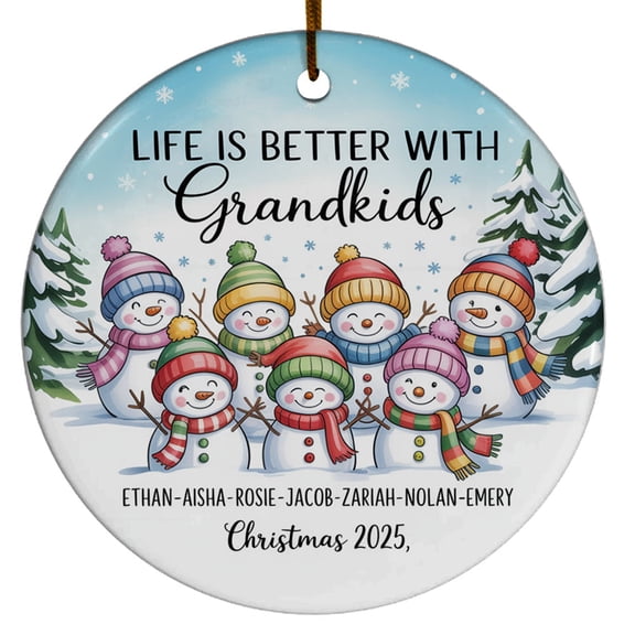 Customized Text Names Snowman Christmas Ornament Gift - Life is Better With 7 Grandkids 2025 for Grandpa Grandma, Circle Christmas Ornament, Hanging Christmas Ornament, Xmas Gift