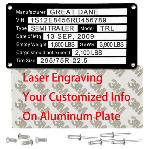 Customized Trailer VIN ID Plate Data Custom Engraved TAG, Model Identification VIN Serial Number Model, Date of MFG and GVWR, Plate for Cargo Carriers Trucks Boats Aluminum Replacement Tags