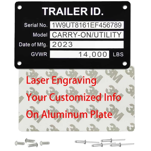 Customized Trailer VIN ID Plate Data TAG Blank Model Identification VIN Serial Number Model, Date of MFG and GVWR id Plate for Cargo Carriers Trucks Boats Custom Engraving Aluminum Replacement Tags