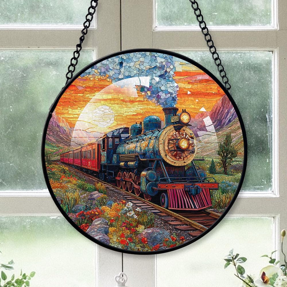 Customized Train Hanging Stained Glass for Windows , Train Hand-Painted ...