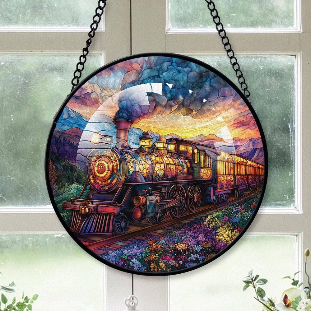 Customized Train Hanging Stained Glass for Windows , Train Hand-Painted ...