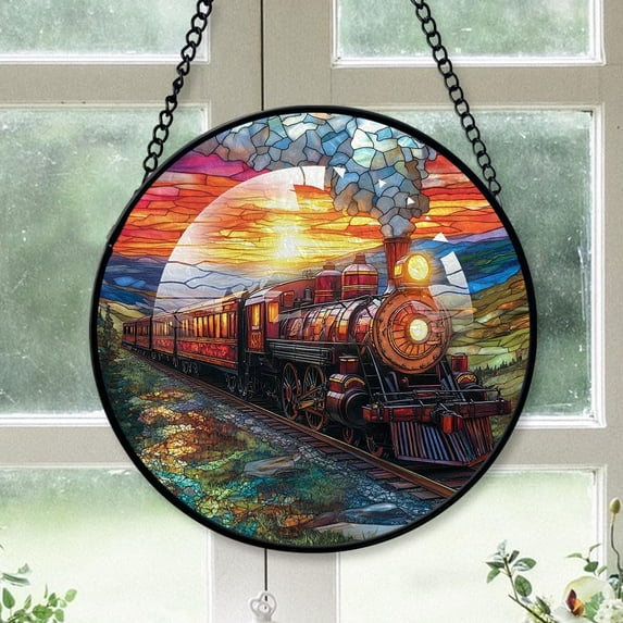 Customized Train Stained Glass Window Hangings, Train Colorful Glass Panel Pretty Gifts, Train Decoration for Home Garden Christmas sX2rYu