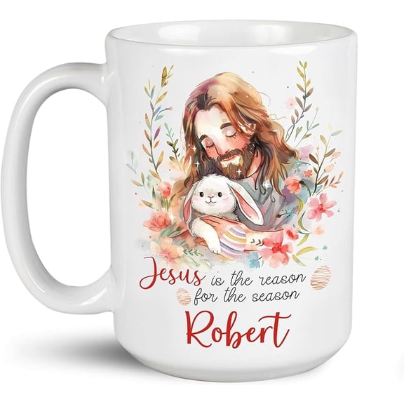 Customized Travel Mug Choose Name, Personalized Meaningful Christian Coffee Cups, Christian Easter Day Decorative Mugs, Custom Jesus Is Hugging Rabbit Design On Tea Cup With Floral