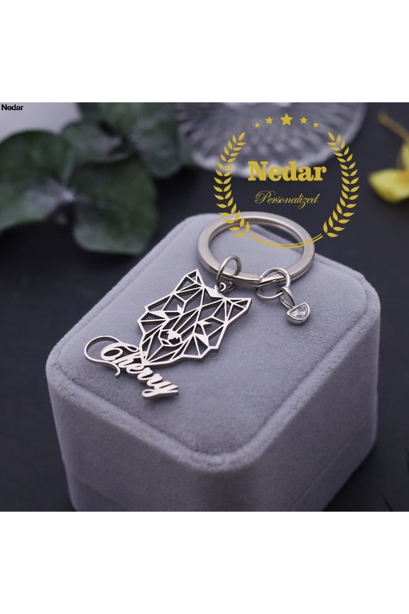 Customized Wolf Nameplate Key Chain Stainless Steel Birthstone Keyring Custom Name Animal Keychain Birthday Christmas Gift