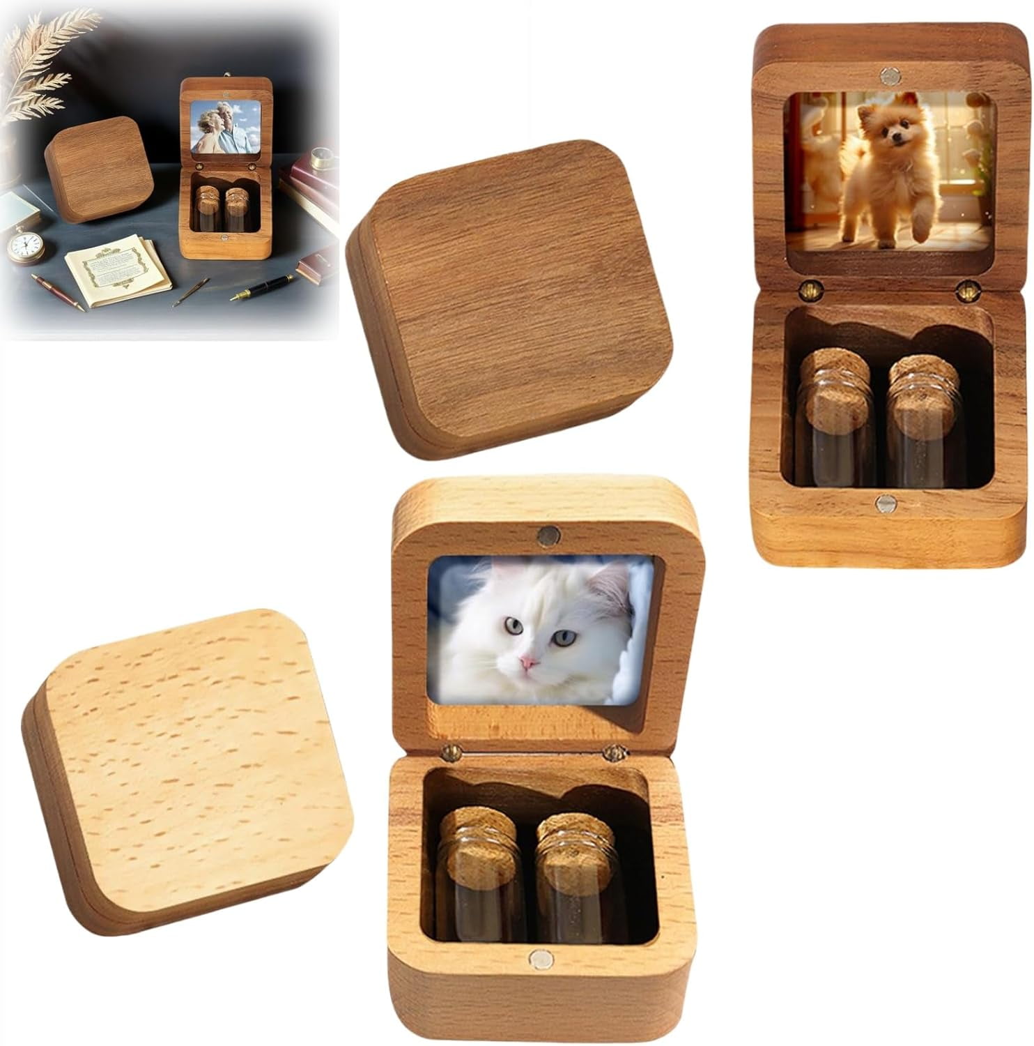 Customized Wooden Box for Ashes - Small Glass Urn for Pets Ashes Keepsake,Personalized Pet Hair Keepsake Box,Wooden Pet Fur Memorial Boxs with Photo,Gifts for Pet Lovers Friends