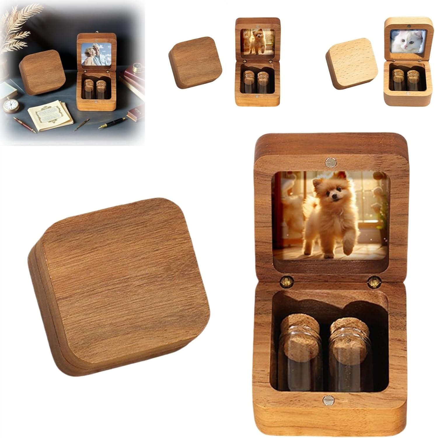 Customized Wooden Box for Ashes - Small Glass Urn for Pets Ashes Keepsake,Personalized Pet Hair Keepsake Box,Wooden Pet Fur Memorial Boxs with Photo,Gifts for Pet Lovers Friends