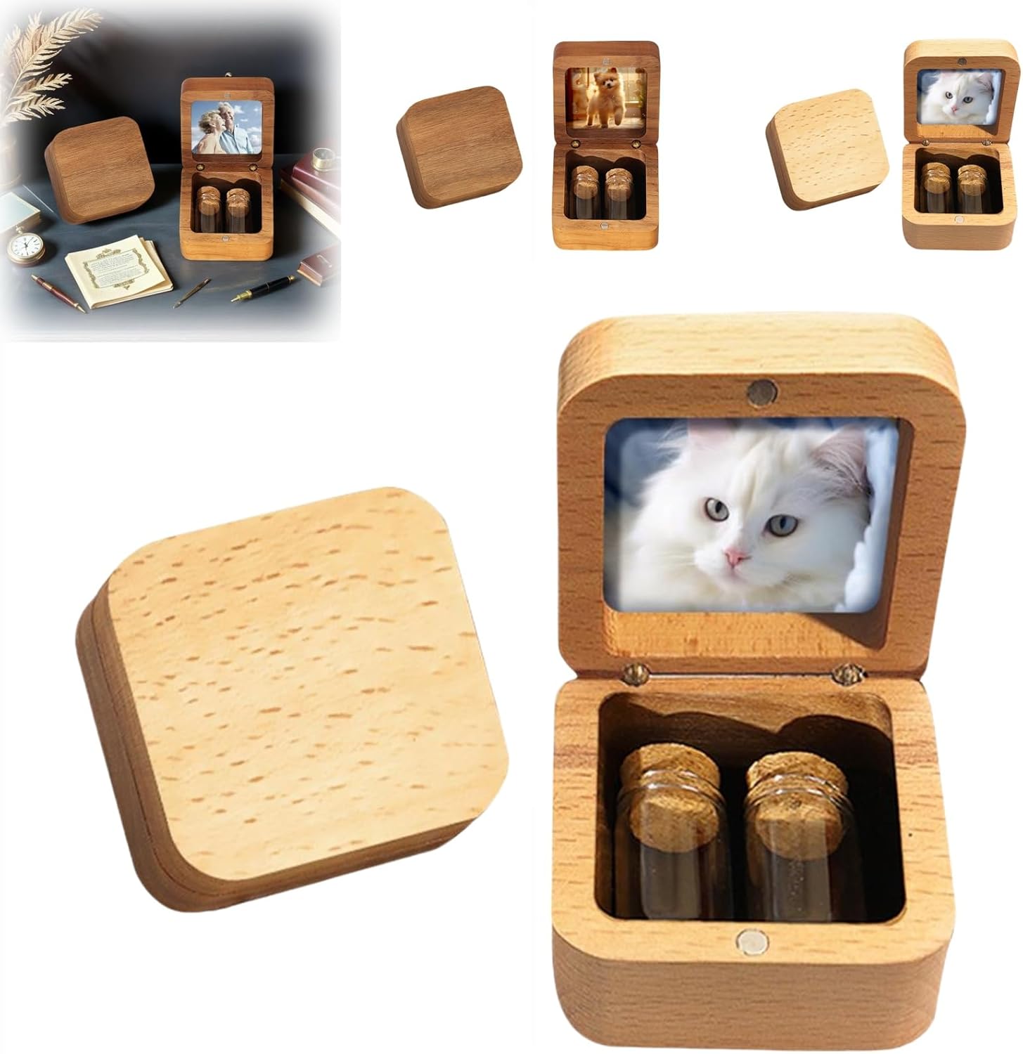 Customized Wooden Box for Ashes - Small Glass Urn for Pets Ashes Keepsake,Personalized Pet Hair Keepsake Box,Wooden Pet Fur Memorial Boxs with Photo,Gifts for Pet Lovers Friends