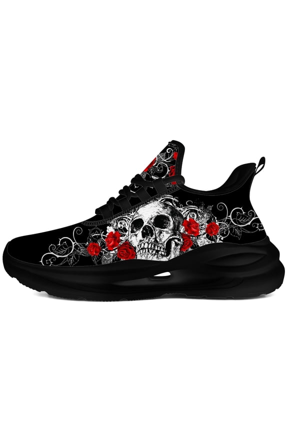 Skull and Roses Shoes Womens Running Shoes Black Sneakers Size 14