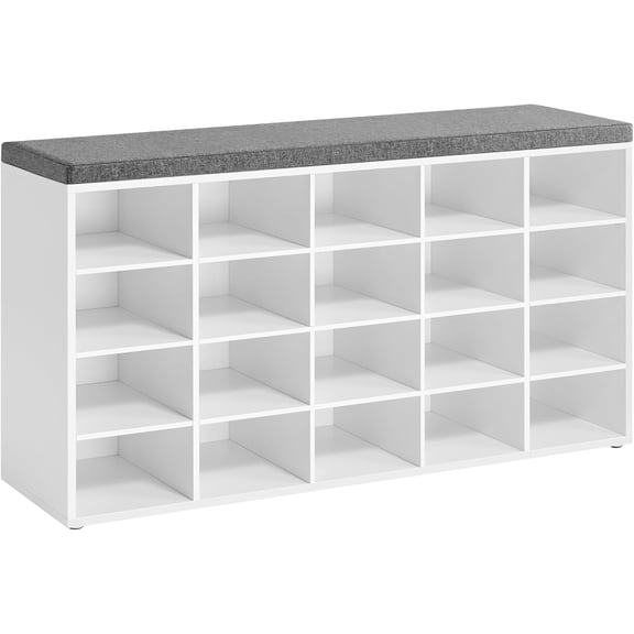 Custos Collection - Shoe Bench, Storage Bench with Padded Seat, Entryway Bench with 20 Compartments, for Bedroom, 12 x 47.2 x 24.7 Inches, Cloud White and Dove Gray