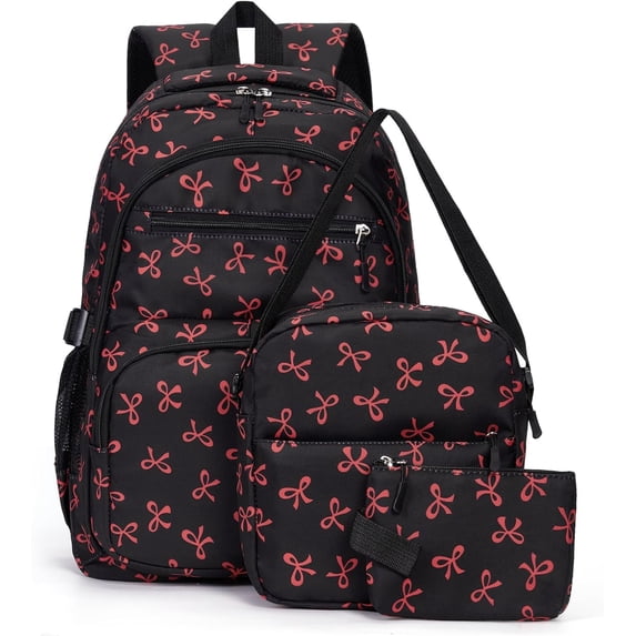 Cut Coquette Bow Backpack for Girls 3 Piece Set Laptop Daypack Lightweight Adjustable Straps, Back to School Backpack, For Work School Commute Travel, Fashion Bookbag Red