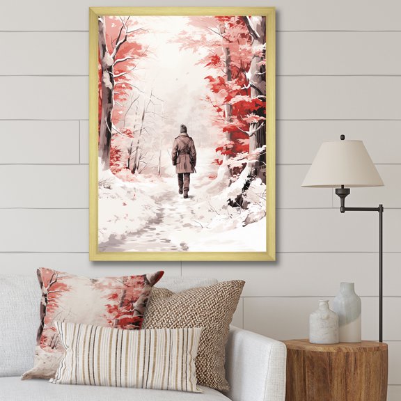 Designart "Russian Winter Passage Snowy Landscape" Landscapes Framed Wall Art - Country Red Landscape Modern Entryway Framed Wall Art Print