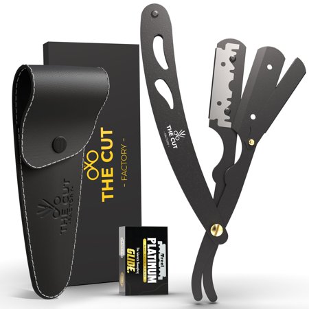 The Cut- Factory- Straight Razor with Pack Of Platinum Treet Single Blade Razors for Men- Professional Barber Straight Edge Razor for Close Shaving 100 Percent Stainless Steel-Black