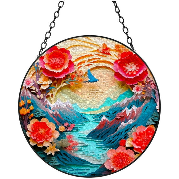 Cut Flower Landscape Stained Glass Suncatcher Colored Handmade Window Hangings Glass Suncatcher Crafts Kits for Indoor Garden Christmas Decoration 16x16cm(1)