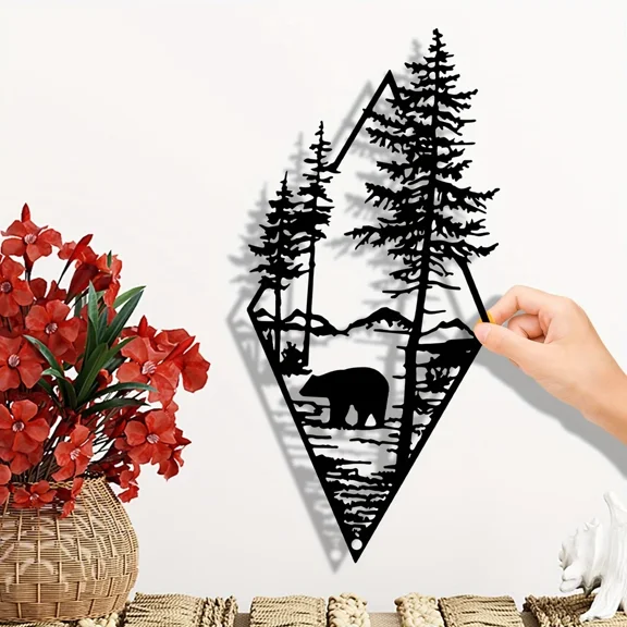 Cut Metal Art Metal Wall Decor Metal Wall Art Bear Pine Tree Wall Decor for Home Bedroom Office Outdoor Kindergarten Decorative