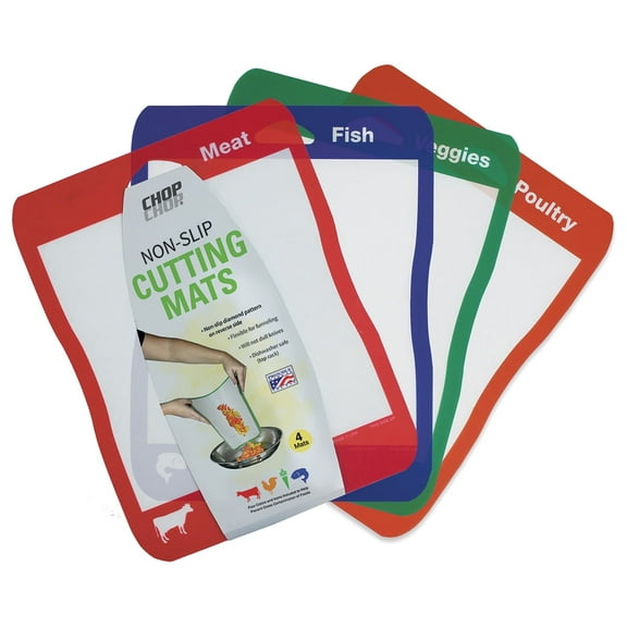 Cut N' Funnel 4 Pack Large Non Slip Flexible Plastic Cutting Board Mats Color Coded Border with Text & Icons