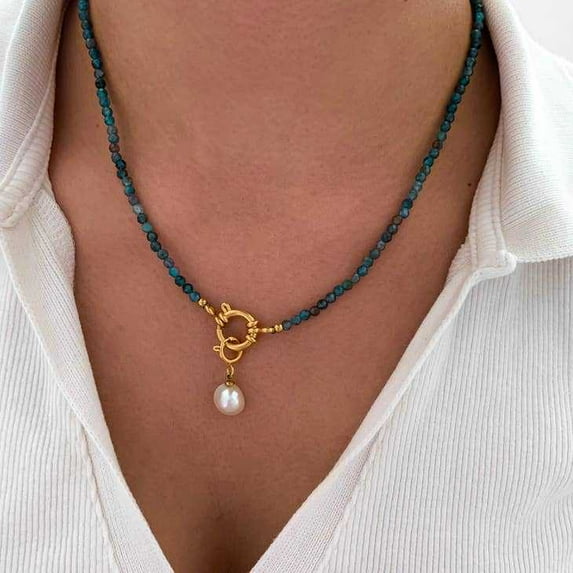 Cut Natural Apatite Stringed Pearls All-match Light Luxury Necklace Clavicle Chain