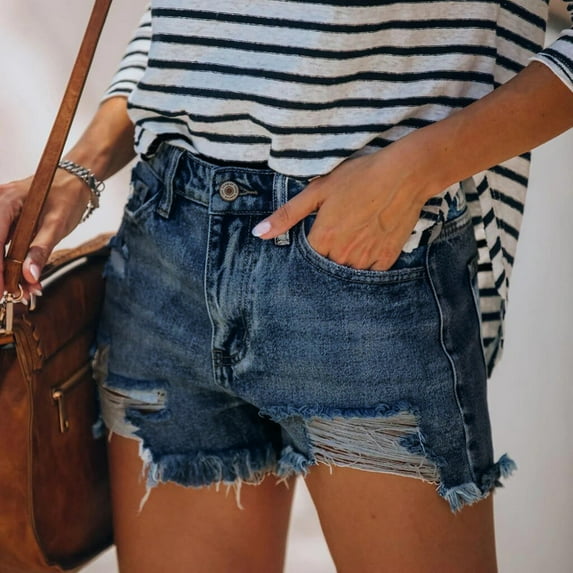 Cut Off Denim Shorts for Women Frayed Distressed Jean Short Cute Mid Rise Ripped Hot Shorts Comfy Stretchy