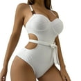 thumbnail image 1 of Cut Out Bathing Suit for Women One Piece with Belt Underwire Push-up Ribbed Swimsuit Fashion Swimwear (XL, White), 1 of 7