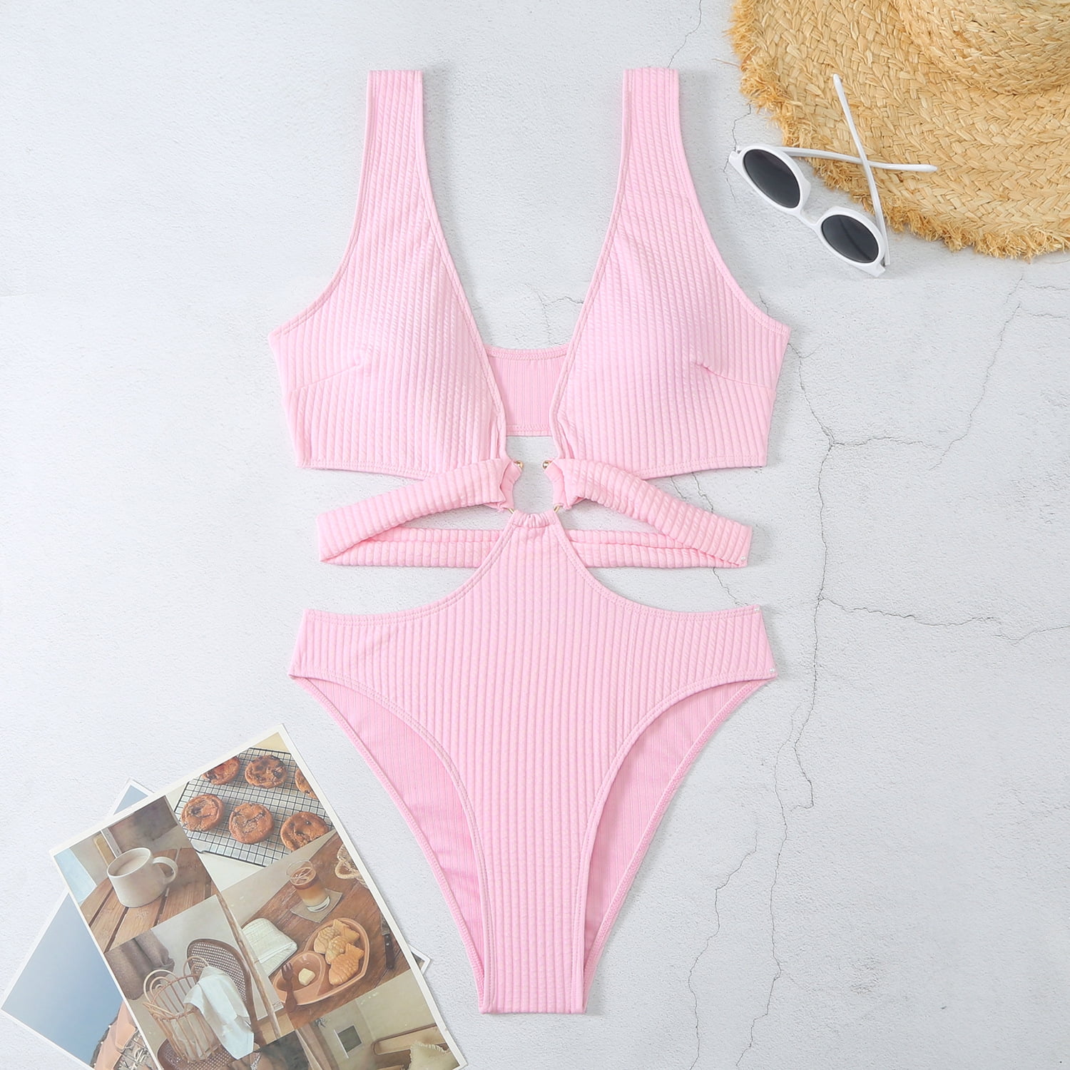 Cut Out Halter Women Swimwear One Piece Swimsuit Female High Leg Cut Monokini Bather Black