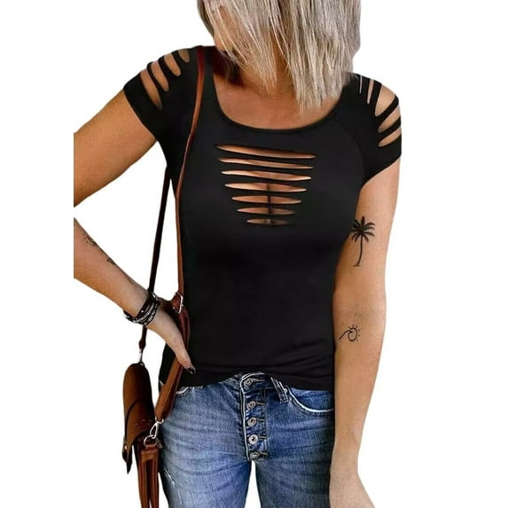 Cut Out Hollow Out T Shirt Womens Cold Shoulder Lacerated Sleeve Shirt Sleeveless Solid Round Neck Slim Shirt Tops