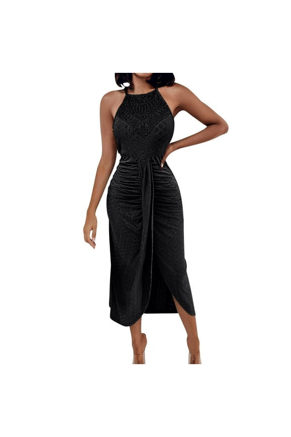 Cut Out Ruffle Plain Casual for Women Summer Fall Sleeveless Boat Neck Spandex Long Dress Womens 2026 Clothing Fashion Y2K