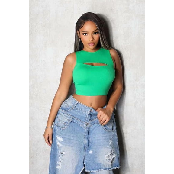 Cut-Out Sleeveless Crop Top (S, Green)