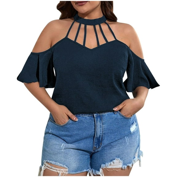 Cut Out Tops for Women Summer Off The Shoulder Shirts Blouses with Ruffle Sleeves Cute Dressy Casual Summer Outfits (XL, Navy)