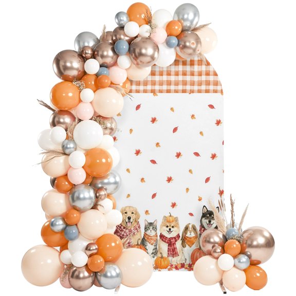 Cut Pets Fall Arch Backdrop Cover 6Ft, Wedding Arch Covers Stretchy Backdrop, Orange Checked Maple Leaves Thanksgiving Fitted 2 Sided Arched Photo Background for Birthday Party Decorations