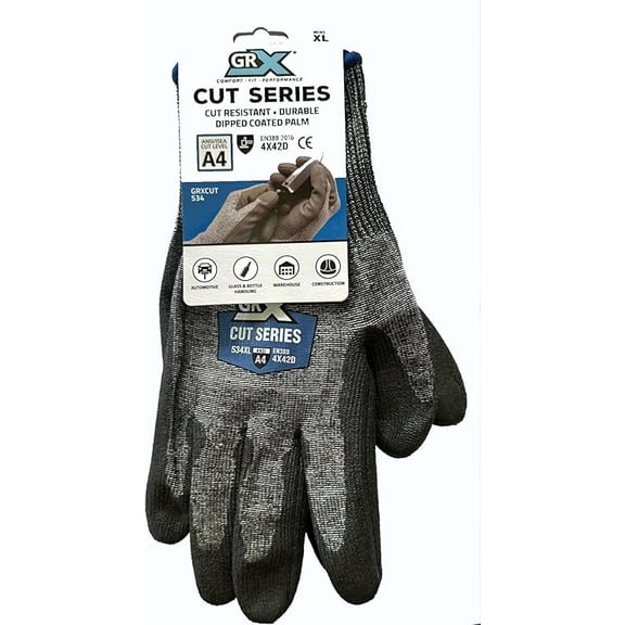 GRX Cut Series 534, Cut Resistant Work Gloves, A4, Dipped Coated Palms, Durable, L-XL