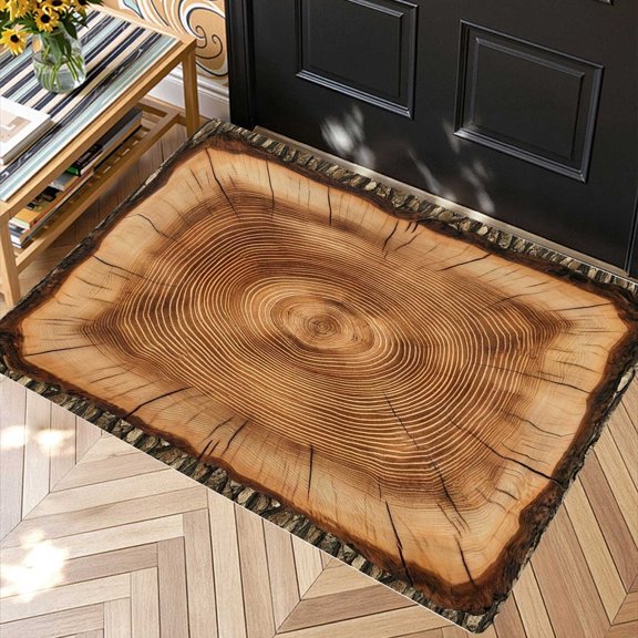 Cut Tree Slice Ring 2D Doormat, Indoor Entry Rustic Natural Holiday Party Entrance Mat, Thanksgiving Christmas Gift