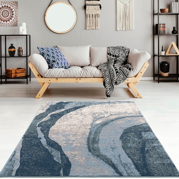 Cut & loop, 5x7' area rug in blue - Great for high - traffic zones, spot cleanable