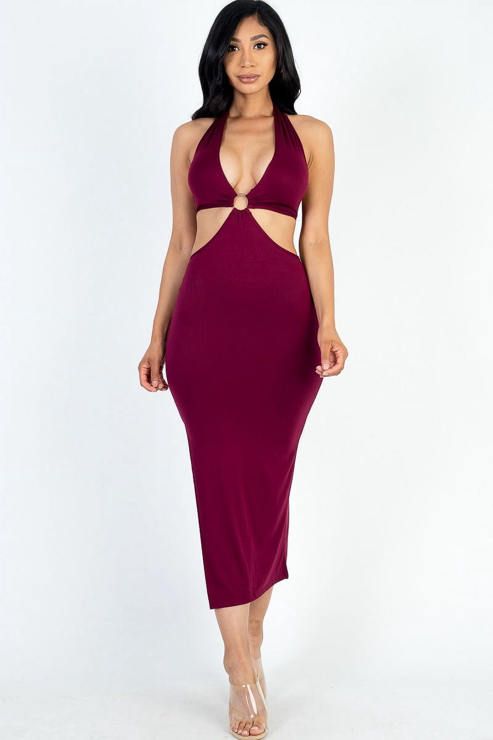 styling burgundy dress Cici Burgundy Wine Halter Neck Gathered Skirt Midi Dress