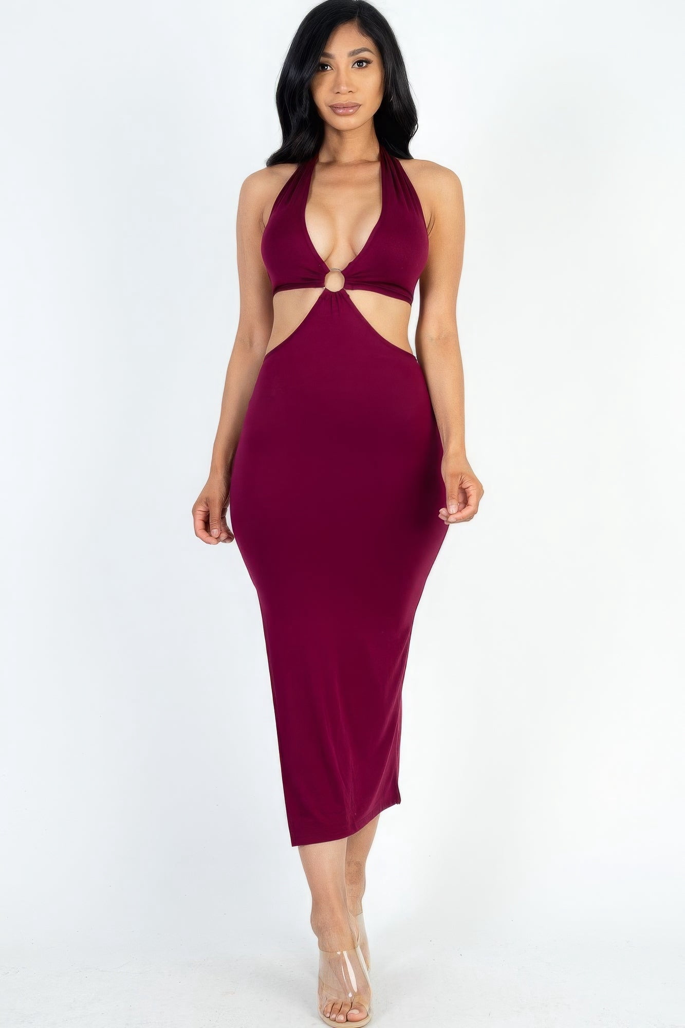 Plus Size Cut-out Halter Neck Double Back Tie Split Thigh Midi Dress