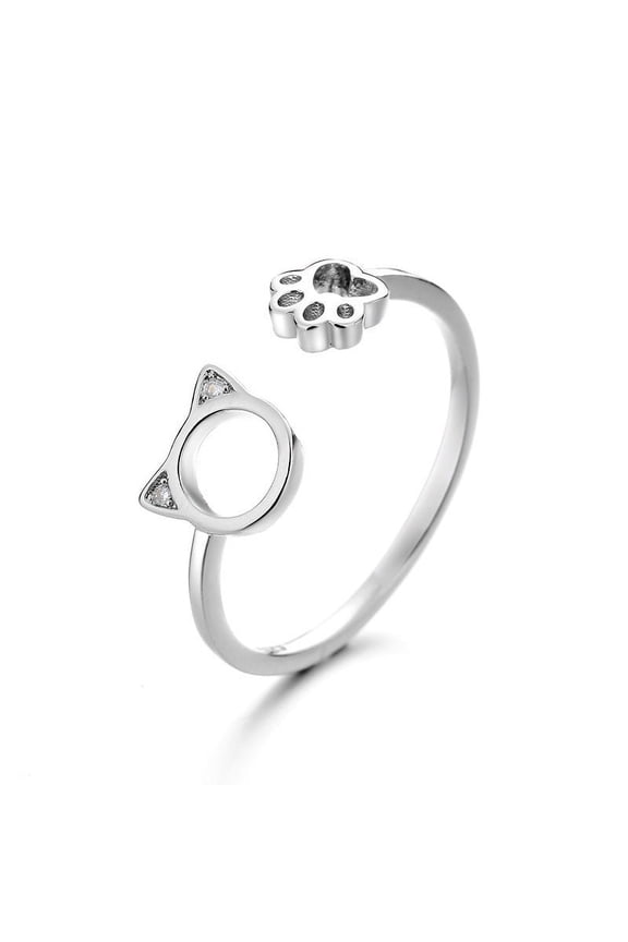 Women's Kitten Ring Cute Cat Claw Cut Out Design Korean Fashion Copper Ring with Zircon Platinum Finish Ring for Women Fashion Jewelry