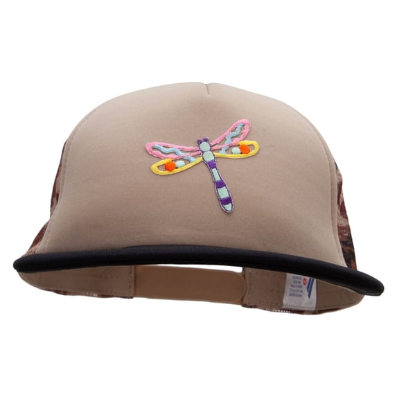 Cut out Pastel Dragonfly Patched Flat Bill Foam Camo Mesh Trucker Cap - Khaki Desert OSFM