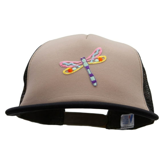 Cut out Pastel Dragonfly Patched Flat Bill Foam Camo Mesh Trucker Cap - Khaki OSFM