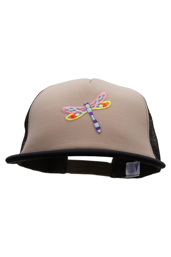 Cut out Pastel Dragonfly Patched Flat Bill Foam Camo Mesh Trucker Cap - Khaki OSFM