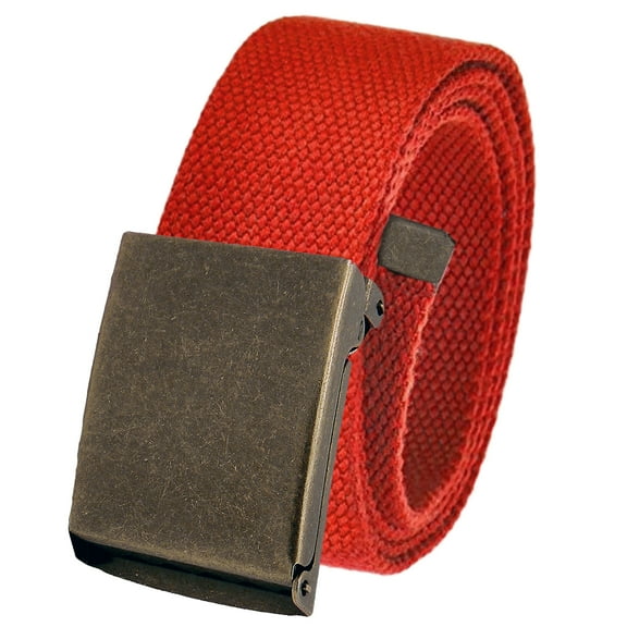 Cut to Fit Men's Golf Casual Belt Antique Brass Flip Top Buckle 1.5 Width with Adjustable Canvas Web Belt Small Red