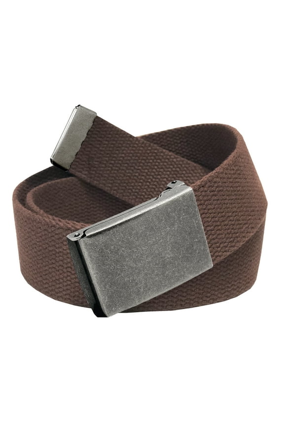 Cut to Fit Men's Golf Casual Belt Antique Silver Flip Top Buckle 1.5 Width with Adjustable Canvas Web Belt Small Brown
