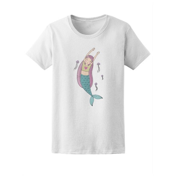 Cuta Happy Mermaid & Jellyfishes T-Shirt Women -Image by Shutterstock, Female Large