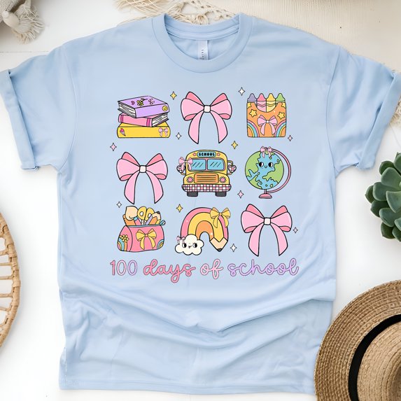 Cute 100 Days School Teacher Shirt Kids Back to School Pink Bows Rainbow, Light Blue, Size L