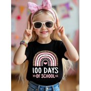 Cute 100 Days of School Rainbow 100th Day Women Girls KidsCotton Soft Graphic Tee Breathable Playwear T-Shirt