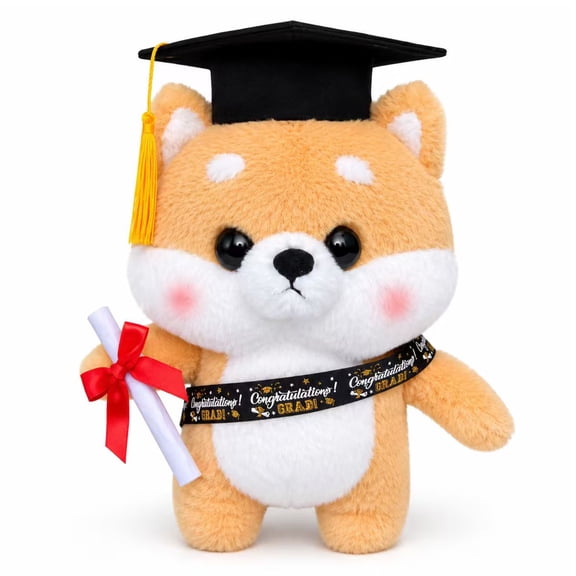 Cute 11.8-Inch Graduation Shiba Inu Plush Toy – Soft Stuffed Dog with Graduation Cap and Ribbon, Perfect Gift for Kids and Friends