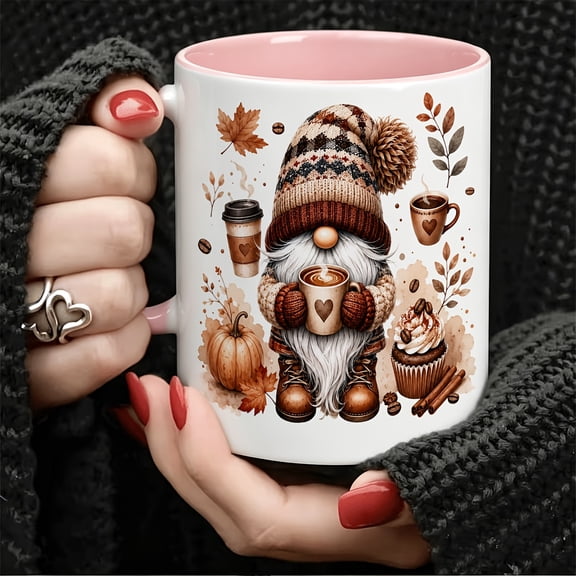 Cute 11oz Ceramic Mug with Adorable Gnome Holding Coffee Cup Fall Leaves Pumpkin Design